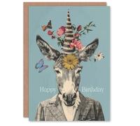 Artery8 Birthday Card Stylish Donkey Party Hat Floral Portrait Collage Blank Arty Art All Occasion Greeting Card