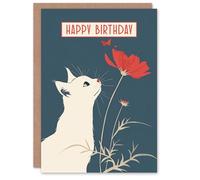 Artery8 Birthday Card Sweet White Cat Lover Red Flower Design For Her Gran Sister Niece Daughter Wife Woman Greeting Card