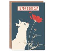 Artery8 Birthday Card Sweet White Cat Lover Red Flower Design For Her Gran Sister Niece Daughter Wife Woman Greeting Card