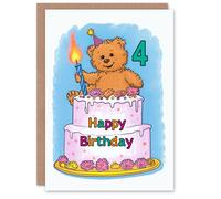Artery8 Birthday Card Teddy Bear Cake Party Hat Cartoon Cute 4th 4 Year Old For Child Kids Son Daughter Greeting Card