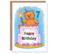 Artery8 Birthday Card Teddy Bear Cake Party Hat Cartoon Cute 7th 7 Year Old For Child Kids Son Daughter Greeting Card