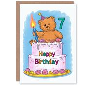 Artery8 Birthday Card Teddy Bear Cake Party Hat Cartoon Cute 7th 7 Year Old For Child Kids Son Daughter Greeting Card in Blue Artery8 Blue