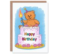Artery8 Birthday Card Teddy Bear Cake Party Hat Cartoon Cute For Child Kids Son Daughter Greeting Card