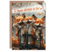Artery8 Birthday Card Three Cute Foxes Singing Fun Woodland Animal Karaoke in Orange Artery8 Orange