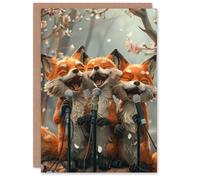 Artery8 Birthday Card Three Cute Woodland Foxes Singing Karaoke Fun Animals in Orange Artery8 Orange