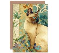 Artery8 Tonkinese Cat with Art Nouveau Botanical Patterns Colourful Watercolour Illustration Art Birthday Sealed Greeting Card Plus Envelope Blank inside
