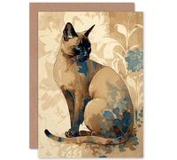 Artery8 Tonkinese Cat with Blue Flower Modern Watercolour Illustration Art Birthday Sealed Greeting Card Plus Envelope Blank inside