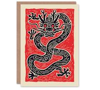 Artery8 Birthday Card Traditional Black Chinese Dragon Asian Art Print Red For Him Her Man Woman Girl Boy Wife Husband Greeting Card