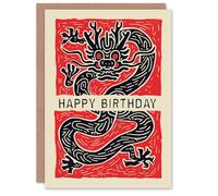 Artery8 Birthday Card Traditional Chinese Dragon Print Red Black Asian Art For Him Her Man Woman Girl Boy Wife Husband Greeting Card