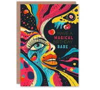 Artery8 Birthday Card Trippy Colourful Face Artwork Babe Quirky Psychedelic For Him Her Man Woman Girl Boy Wife Husband Greeting Card