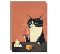 Artery8 Birthday Card Tuxedo Cat Wino Cheese Lover Fun Artwork Pet For Him Her Man Woman Girl Boy Wife Husband Greeting Card
