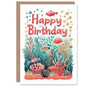 Artery8 Birthday Card Under the Sea Fish Coral Sealife Simple Fun For Him Her Man Woman Girl Boy Wife Husband Greeting Card