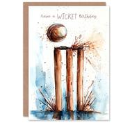 Artery8 Birthday Card Watercolour Cricket Wicket Pun Joke For Him Man Male Dad Brother Son Papa Grandad Greeting Card