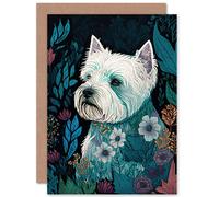 Artery8 West Highland White Terrier Dog in Flowers Dark Multicoloured Linocut Illustration Art Birthday Sealed Greeting Card Plus Envelope Blank inside