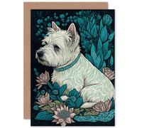 Artery8 West Highland White Terrier Dog Sitting in Flower Field Modern Dark Illustration Art Birthday Sealed Greeting Card Plus Envelope Blank inside