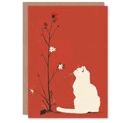 Artery8 Birthday Card White Cat Lover Wildflower Bloom Red Design For Her Gran Sister Niece Daughter Wife Woman Greeting Card