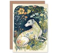 Artery8 White Greyhound Dog with Floral Pattern Fur Coat lying in Flower Field Modern Illustration Art Birthday Sealed Greeting Card Plus Envelope Blank inside