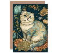 Artery8 William Morris Inspired Cute Cat with Floral Pattern Fur and Flowers Colourful Modern Illustration Art Birthday Sealed Greeting Card Plus Envelope Blank inside
