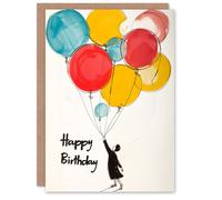 Artery8 Birthday Card Woman Holding Large Balloon Bundle Drawing For Him Her Man Woman Greeting Card