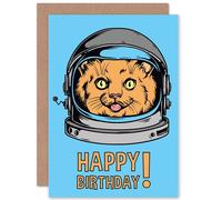 Artery8 Birthday Celebration Happy Space Cat Astronaut Present Greetings Card in Blue Artery8 Blue