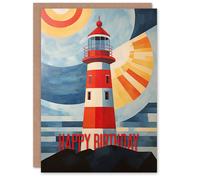 Artery8 Birthday Greeting Card Abstract Nautical Lighthouse Sun For Him Her in Blue Artery8 Blue