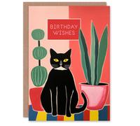 Artery8 Birthday Greeting Card Black Cat Lover Plants Wishes For Him Her