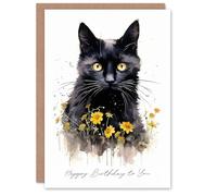 Artery8 Birthday Greeting Card Black Cat Lover Yellow Flowers For Her
