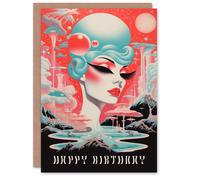 Artery8 Birthday Greeting Card Cosmic Space Lady Retro Sci-Fi For Him Her