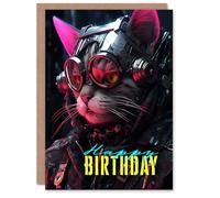 Artery8 Birthday Greeting Card Cyborg Cat Lover Sci-Fi For Him Her