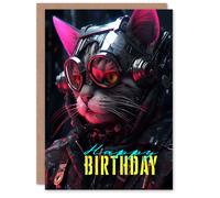 Artery8 Birthday Greeting Card Cyborg Cat Lover Sci-Fi For Him Her
