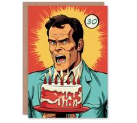 Artery8 Birthday Greeting Card Funny Angry Comic Man Cake Age 30 Year Old For Him Her in Red Artery8 Red