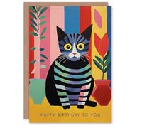 Artery8 Birthday Greeting Card Stripy Cat Lover Plants For Him Her