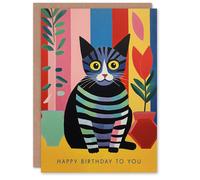 Artery8 Birthday Greeting Card Stripy Cat Lover Plants For Him Her
