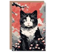 Artery8 Birthday Greeting Card Tuxedo Cat Lover Cherry Blossom For Her