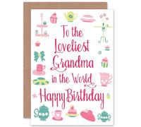 Artery8 Birthday Happy Grandma Granny Loveliest Tea Theme Greetings Card in White Artery8 White