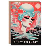 Artery8 Birthday Personalised Greeting Card Cosmic Space Lady Retro Sci-Fi For Him Her Custom