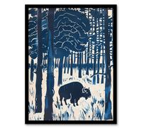 Bison Grazing in Forest Blue Landscape Painting Framed Wall Art Artery8 Blue A4