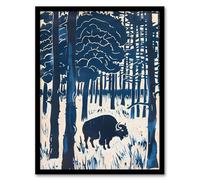 Artery8 Bison Grazing in Forest Blue Landscape Painting Living Room Artwork Framed Wall Art Print 18X24 Inch