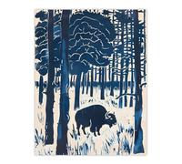 Artery8 Bison Grazing in Forest Blue Landscape Painting Living Room Large Wall Art Poster Print Thick Paper 18X24 Inch