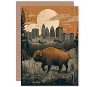 Artery8 Bison in Forest by Urban Cityscape Modern Linocut Travel Birthday Sealed Greeting Card Plus Envelope Blank inside
