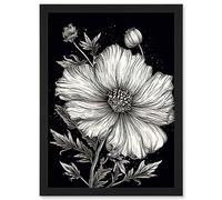 Artery8 Black and White Cosmos Flower and Starry Night Sky Artwork Framed Wall Art Print A4