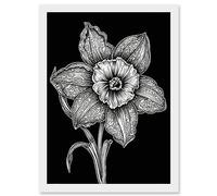 Artery8 Black and White Daffodil with Batik Style Petals Artwork Framed Wall Art Print A4