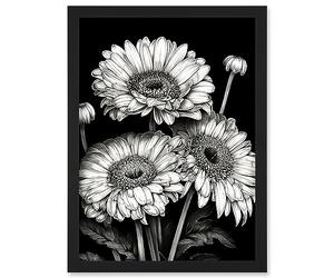 Artery8 Black and White Gerbera Flowers Dark Illustration Artwork Framed Wall Art Print A4