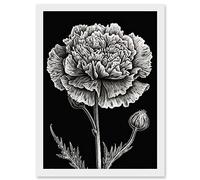 Artery8 Black and White Linocut Carnation Flower Print Artwork Framed Wall Art Print A4