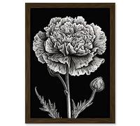 Artery8 Black and White Linocut Carnation Flower Print Artwork Framed Wall Art Print A4