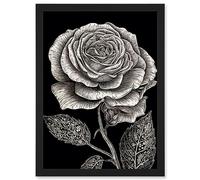Artery8 Black and White Rose Bloom with Patterned Leaves Artwork Framed A3 Wall Art Print