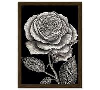 Artery8 Black and White Rose Bloom with Patterned Leaves Artwork Framed Wall Art Print A4