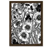 Artery8 Black and White Viola Flower Pattern Illustration Artwork Framed A3 Wall Art Print