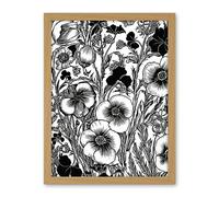 Artery8 Black and White Viola Flower Pattern Illustration Artwork Framed Wall Art Print 18X24 Inch