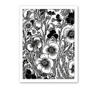 Artery8 Black and White Viola Flower Pattern Illustration Artwork Framed Wall Art Print 18X24 Inch